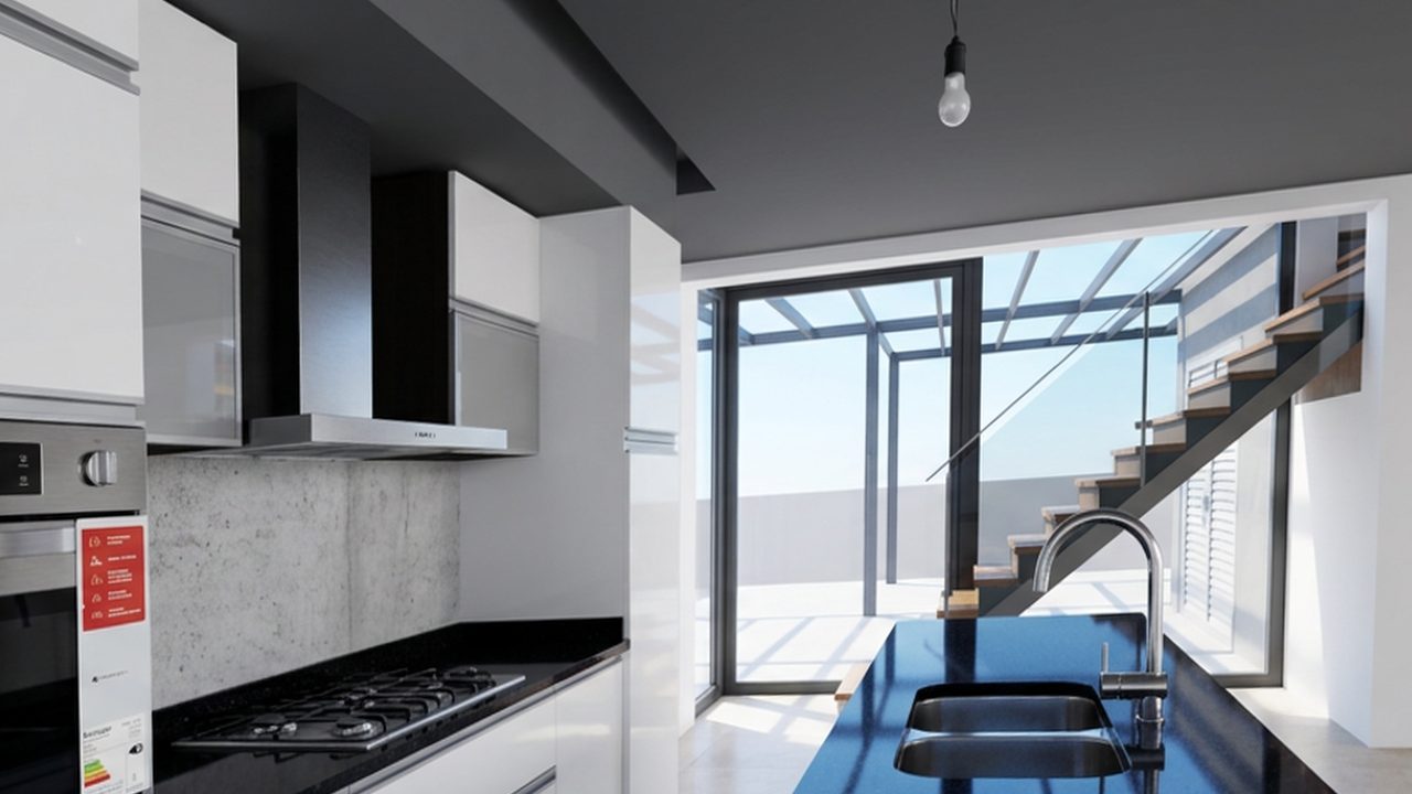 Modelo 3D: cocina de la vivienda en Cinco Saltos, desde el mismo punto de vista