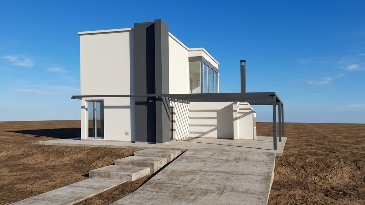 Modelo 3D: vivienda de dos plantas en Cinco Saltos, vista de frente, desde el mismo punto de vista
