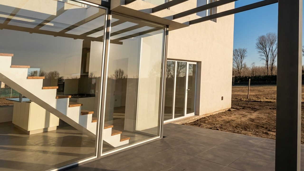 Modelo 3D: vivienda en Cinco Saltos, pérgola y vidriado de la escalera, desde el mismo punto de vista