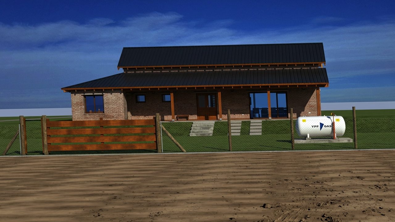 Modelo 3D: vivienda de ladrillo en El Vergel, vista de frente con el portón, desde el mismo punto de vista